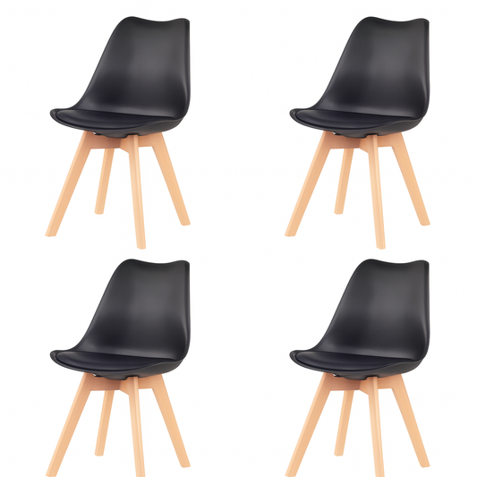 Lot de 4 Chaises Modernes Noir Mat – Assise Ergonomique et Pieds en Bois Clair