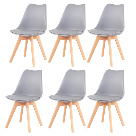 Lot de 6 Chaises Modernes Gris Clair – Assise Ergonomique et Pieds en Bois Naturel