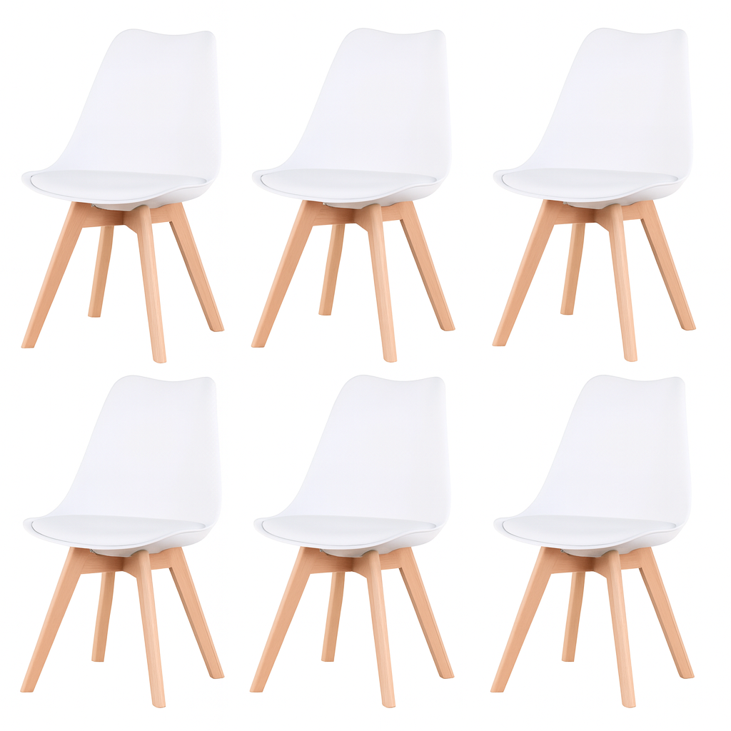 Lot de 6 Chaises Modernes Blanches – Assise Ergonomique et Pieds en Bois Naturel