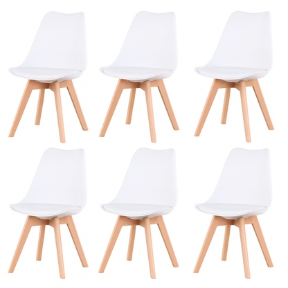Lot de 6 Chaises Modernes Blanches – Assise Ergonomique et Pieds en Bois Naturel