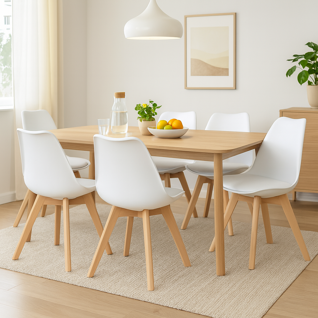 Lot de 6 Chaises Modernes Blanches – Assise Ergonomique et Pieds en Bois Naturel