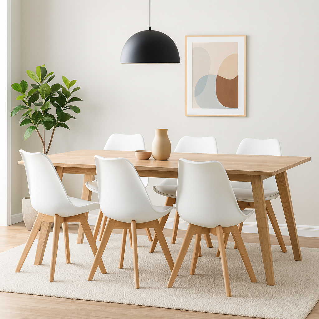 Lot de 6 Chaises Modernes Blanches – Assise Ergonomique et Pieds en Bois Naturel