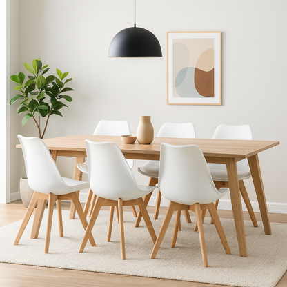 Lot de 6 Chaises Modernes Blanches – Assise Ergonomique et Pieds en Bois Naturel