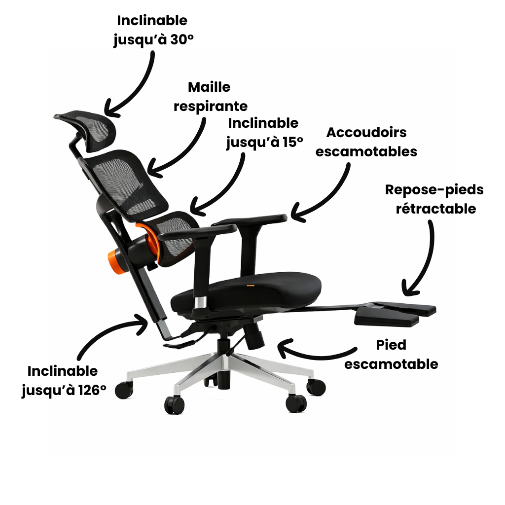 Chaise de bureau ergonomique avec repose-tête et pieds
